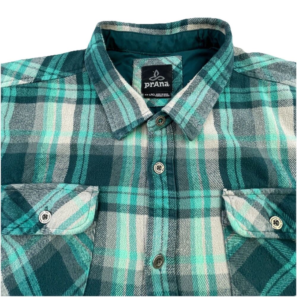 prAna Lybeck Flannel Shirt Men’s XXL Green Plaid Heavyweight Chest Pockets
